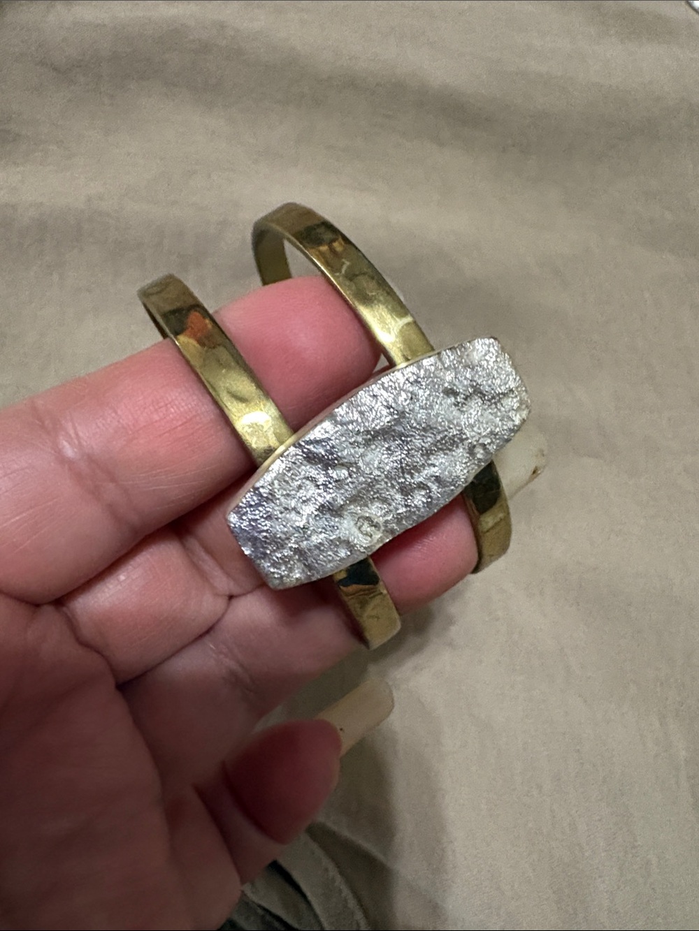 Rustic Cuff Gold-Tone Double Band Bracelet with Silver Druzy - Picture 3 of 7